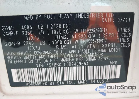 2011 Subaru Outback 3.6R Limited из США, поврежденный, VIN 4S4BRDLC6B2439654